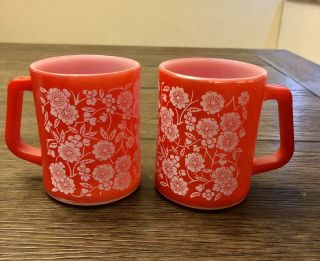 Vintage Federal Glass Red & White Floral Coffee Mugs - Set Of 2