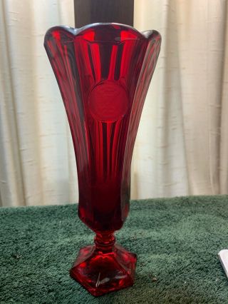 Fostoria Glass Ruby Red Coin 8” Vase W/ Frosted Embossed Frosted Eagle Coins