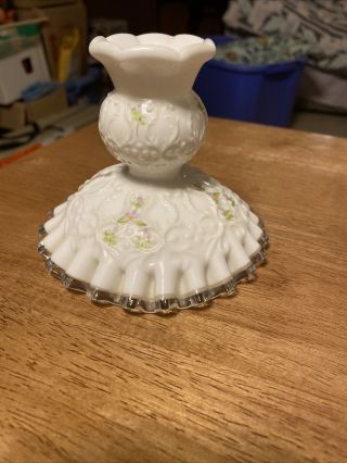 Vintage Fenton Violets In The Snow Silvercrest W Spanish Lace Candlestick Holder
