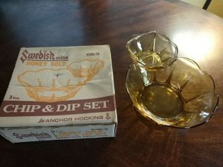 Vintage Anchor Hocking 3 Pc.  Honey Gold Chip And Dip Set Niob Swedish