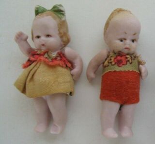 Adorable 2 Antique Hertwig Germany Bisque Dolls Mini Boy & Girl Jointed Arms 2 "