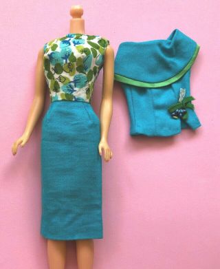 Vtg Fashion Editor 1635 1965 Barbie Doll Turquoise Dress Jacket Floral Accent