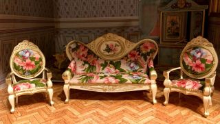 Dollhouse Miniature Victorian Couch And 2 Chairs Set