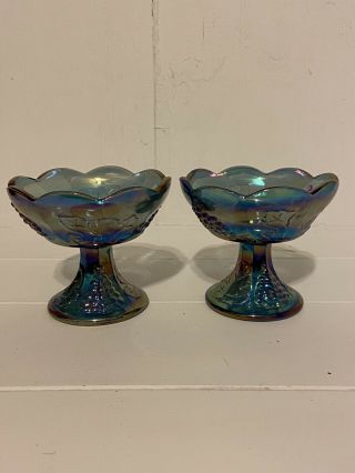 Vintage Indiana Iridescent Blue Carnival Glass Candle Holders Harvest Grape (2)