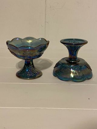 Vintage Indiana Iridescent Blue Carnival Glass Candle Holders Harvest Grape (2) 2