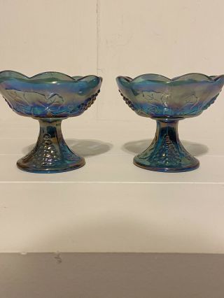 Vintage Indiana Iridescent Blue Carnival Glass Candle Holders Harvest Grape (2) 3