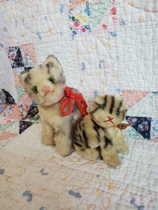 Two Vintage Steiff Susi Kitty Mohair Tabby Cat With Button