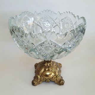 Vintage Etched Glass Bowl - Shaped Candy Dish With Gold - Colored Metal Base