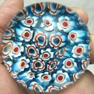 Millefiori Flowers Red,  White & Blue Art Glass Orb Paperweight 2 3/8 " Dia