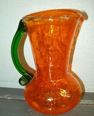 Vintage Pilgrim Blown Art Glass Pitcher - Crackle Orange - Green Appied Handle