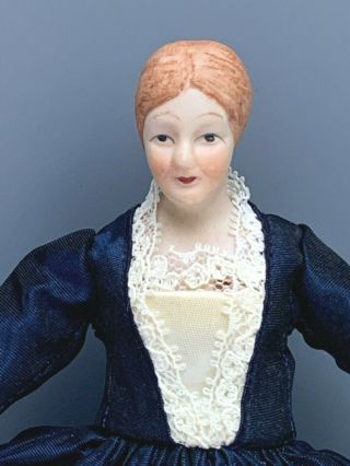 1:12 Vintage Dollhouse Miniature Doll Lady In Dark Blue Taffeta Dress