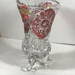 Vintage Anna Hutte Bleikristall Lead Crystal Footed Vase Snowflake Ruby Red
