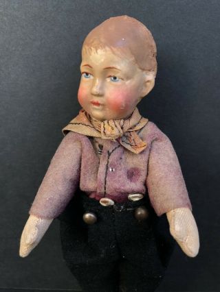 Miniature 6.  5” Antique German Bing Face Mask Painted Cloth Doll