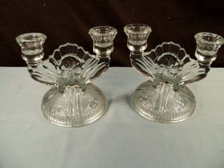 Jeanette Glass Iris & Herringbone Double Candlesticks Candle Holders