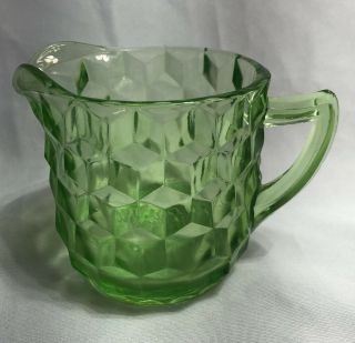 Green Vaseline Depression Glass Creamer Jeannette Cube Cubist Lg Round 3 - 1/4”
