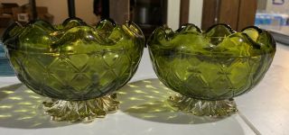 2 Green Indiana Glass Duette Quilted Rose Bowl Candy Dish Gold Metal Leaf Base