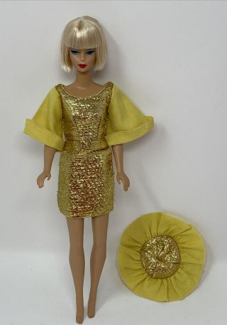 Vintage Clone Barbie Size Doll Clothes Outfit Gold Metallic & Cotton Dress & Hat