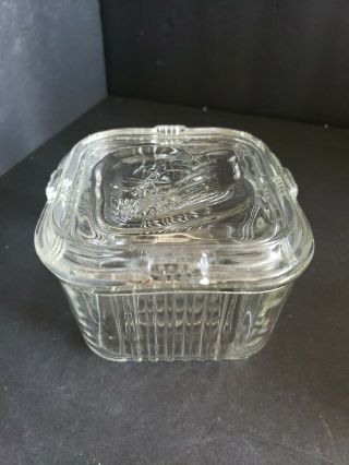 Vintage Clear Glass Square Butter Or Refrigerator Dish 4 - 1/4 " W 3 - 1/4 " Tall