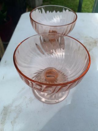 2 Pink Goblet Stemmed Depression Glass Swirl Pattern Sherbert Bowl Cup Pretty