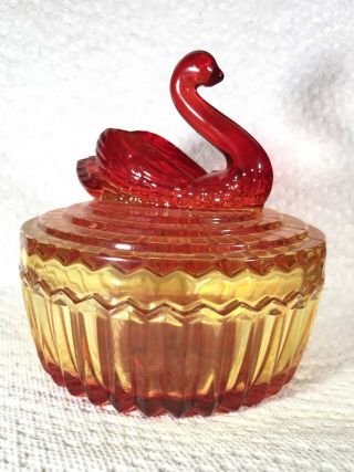 Vintage Red Glass Swan Covered Powder Dish Candy Jeanette Amberina Color 734