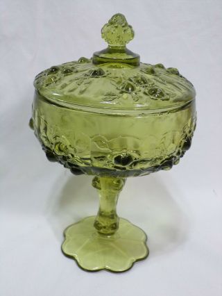 Vintage Fenton Glass Cabbage Rose Colonial Green Covered Compote Candy Dish