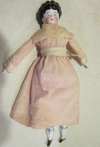Antique Germany 12.  5 " China Head - All - Pink Cotton Dress - Very Good
