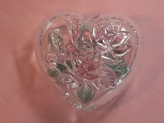 6 " Crystal Heart Shaped Covered Candy Dish With Embossed Rose Design.  Must Go.