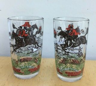 Vintage Set Of 2 Juice Glasses With Jockey On Horse Hurdling Fence
