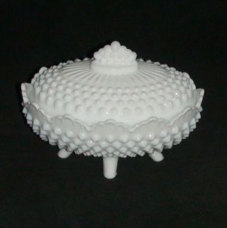 Vintage Fenton Milk Glass Hobnail Oval 4 Footed Covered Candy Dish