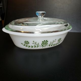 Vintage Glasbake Oval Casserole Dish Bowl White Green Daisy Flower 1 Qt J235