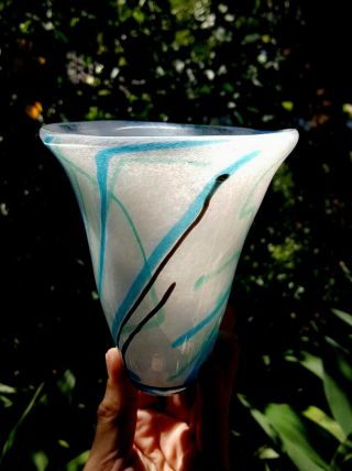 Signed " Marty " Art Glass Blue - Black - Green - White Vase 5.  75in Tall