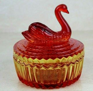 Vintage Jeanette Amberina Red Glass Swan Covered Powder Dish Candy Dish