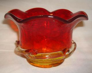 Vintage Amberina Red Orange Crackle Glass Applied Ruffle Ribbon 4 ½” Bowl Dish