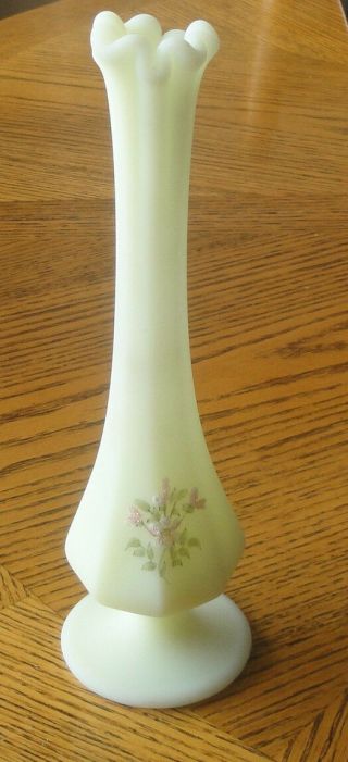 Vintage Fenton Bud Vase Green Satin Raised Glittery Hand Painted Flowers 8 1/4