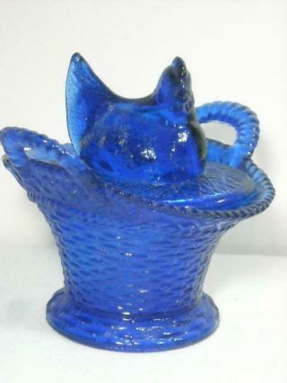 Vintage Westmoreland Cobalt Blue Glass Hen On Basket / Nest Candy Dish W/lid