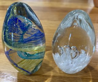 2 Egg Shaped Art Glass Paperweight Blue Yellow Swirl White Controlled Bubbles