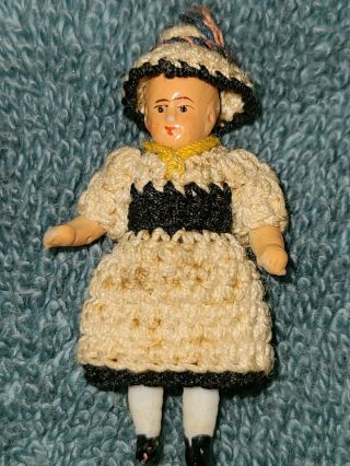 1 3/4 " Antique German Carl Horn Doll With Crocheted Dress And Hat