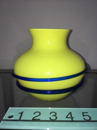 Yellow With Blue Stripes Art Glass Vase