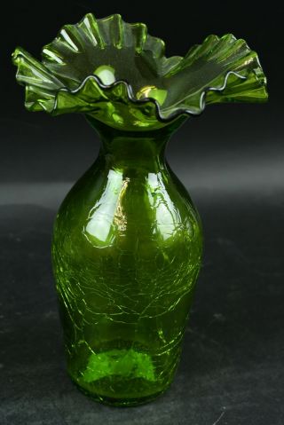 Vintage Green Crackle Glass 10.  5 In Vase Ruffled Rim Design Kitchen Home Decor