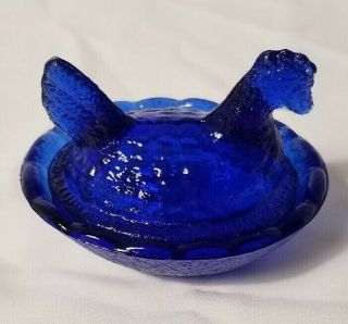 Cobalt Blue Glass Miniature Hen On Nest Salt Cellar Trinket Box