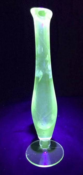 Depression Era Vaseline Green Glass Etched Bud Vase Glows 8” Tall