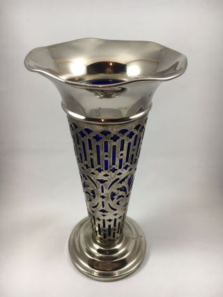 Vtg Vase Cobalt Blue Glass Liner And Pierced Silver Plate Metal Vase