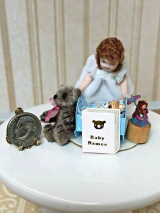 Dollhouse Miniature Vintage Artisan Porcelain Girl Doll W/toys 1:12