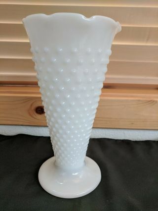 Vintage White Milk Glass Vase Hobnail with Scalloped Top 9 7/8 
