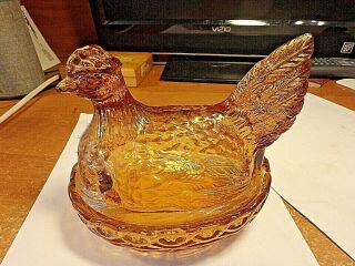 Vintage Amber Glass Hen On Nest - 5 By 6 " And 6 " Tall