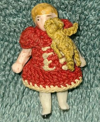 Antique German Carl Horn Tiny Doll With Crocheted Teddy Bear