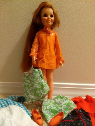 Vintage 1969 Ideal Crissy Doll Orange Dress Shoes Floral Green Funderwear,  More