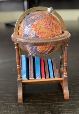 Dollhouse Miniature Spinning World Globe Book Shelf With 7 Books With Pages