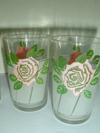 4 Vintage Juice Glasses Pink Roses Frosted Glass 8 Oz