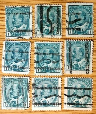 Canada 1903 89xx - King Edward Vii - 1c Green - Shades - 9 Precancel Stamps